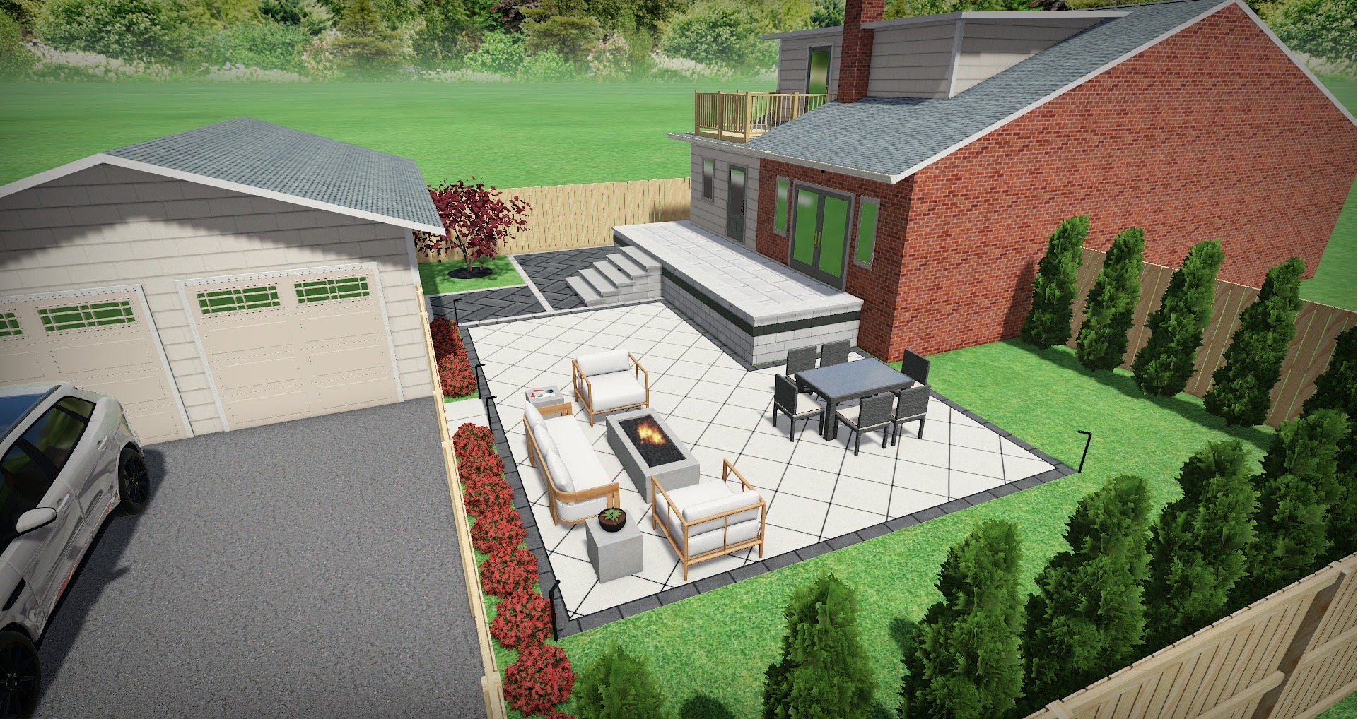 Modern backyard design with patio, fire pit, seating, and dining area. Adjacent are a garage and a brick house, surrounded by greenery.
