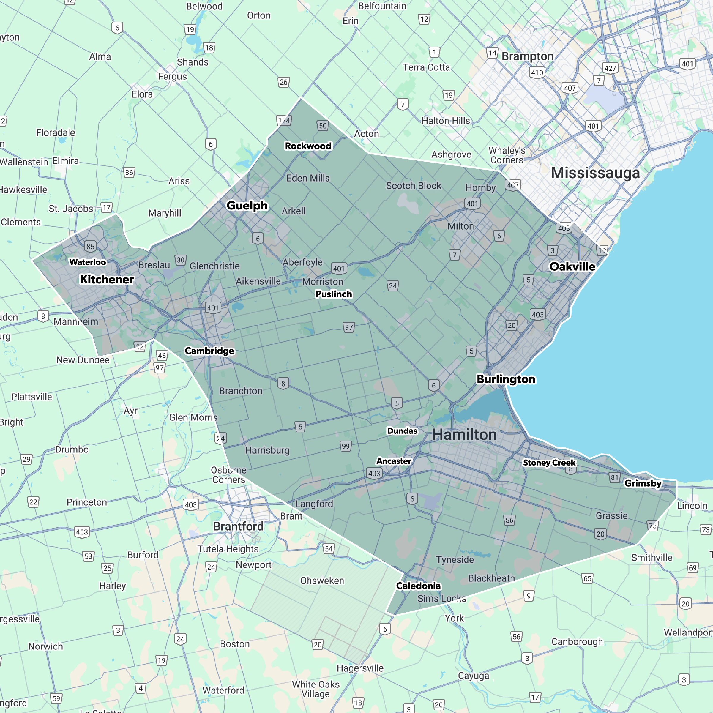 Map of Southern Ontario highlighting cities: Mississauga, Hamilton, Kitchener, Guelph. Landmarks include Lake Ontario; highways and local roads are visible.