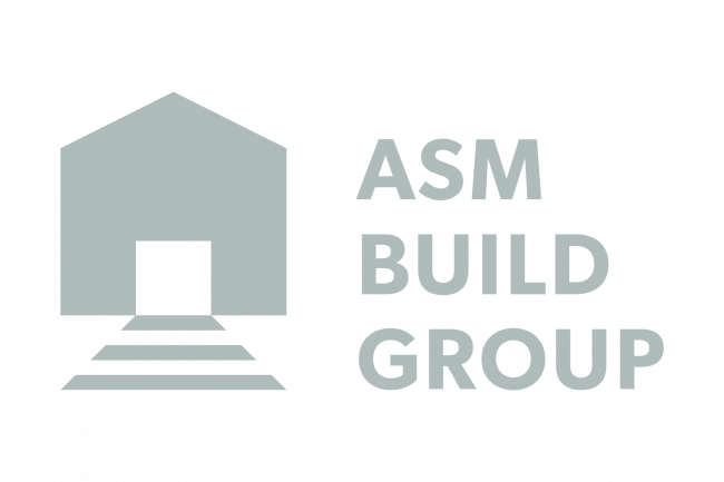 Simple logo on green background. White silhouette of a building with steps, next to text "ASM Build Group" in bold white letters.