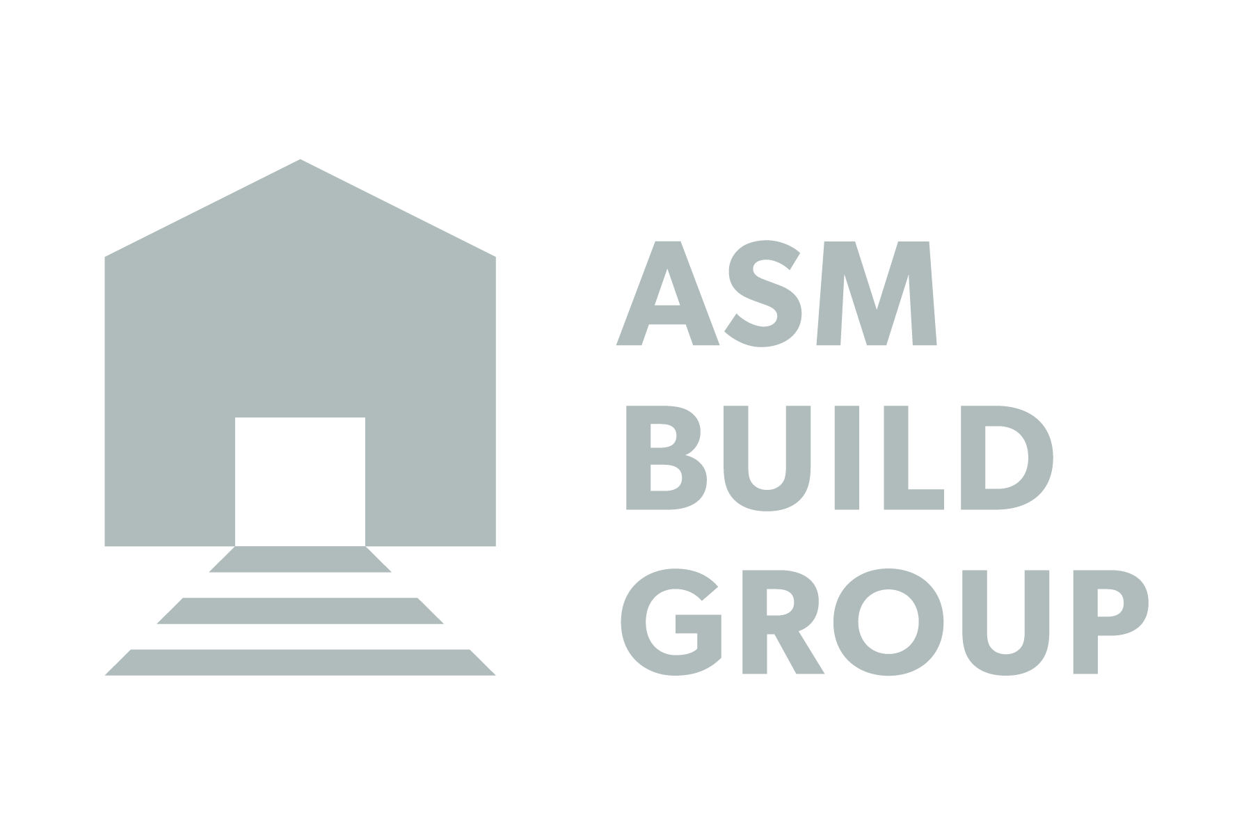 Simple logo on green background. White silhouette of a building with steps, next to text "ASM Build Group" in bold white letters.