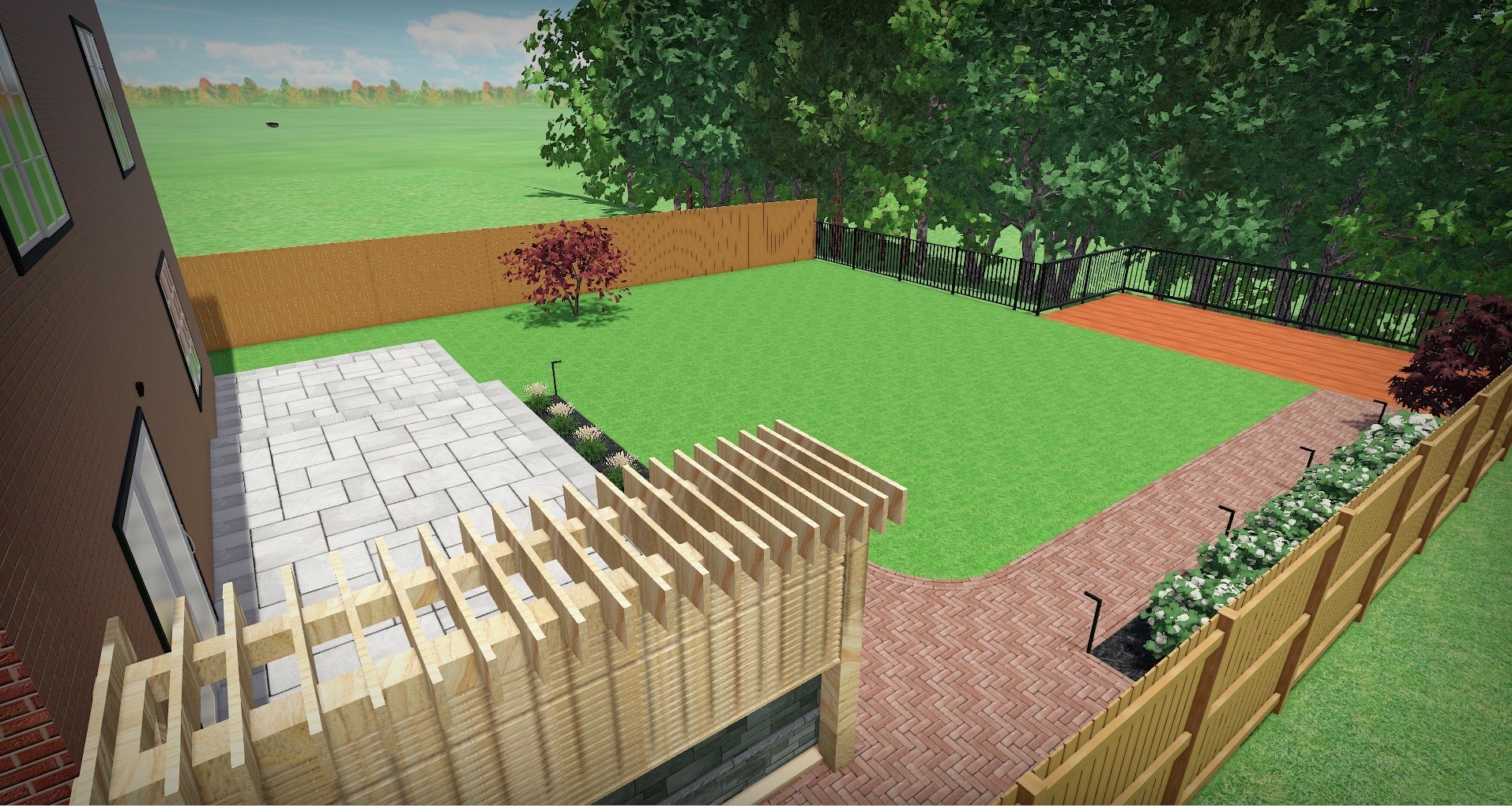 A landscaped backyard with a wooden pergola, stone patio, and red brick path, surrounded by trees and fences, under a clear sky.