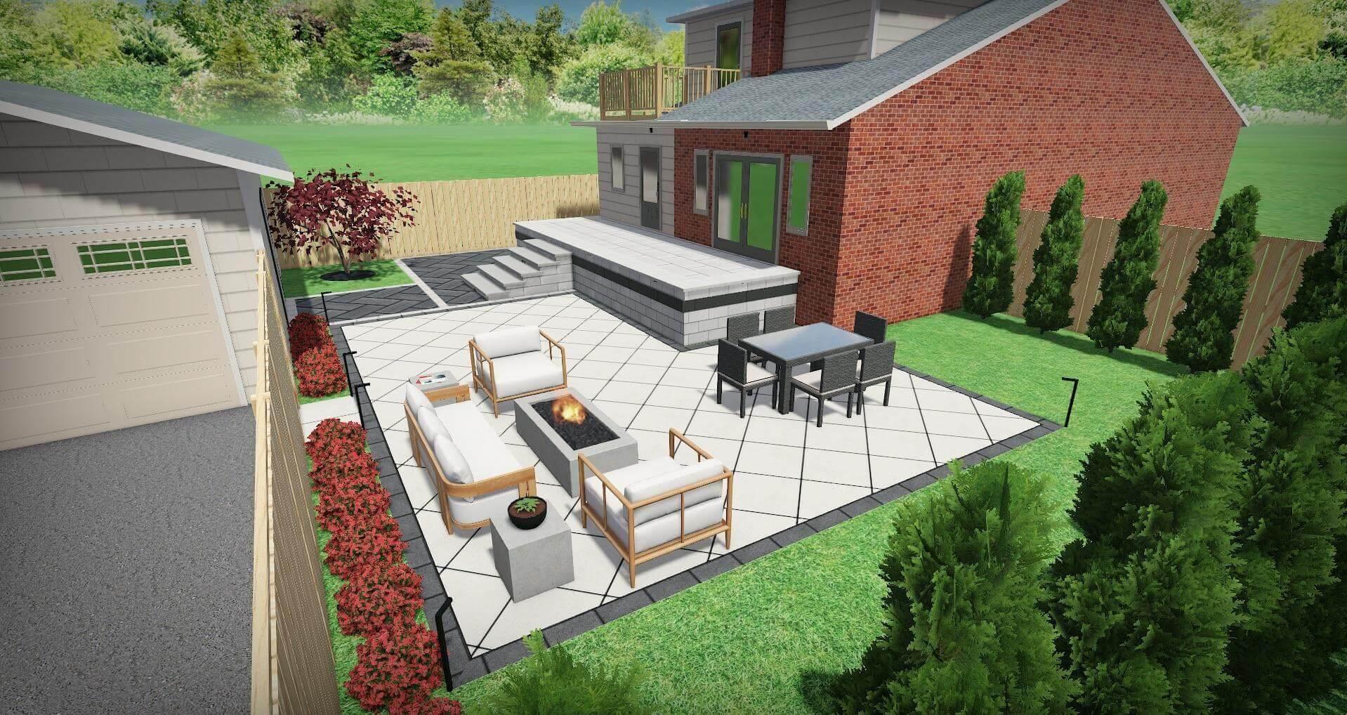 A daytime 3D rendering of a modern backyard design with a raised patio, steps, outdoor dining area, lounge seating, fire feature, and plantings along a fence.