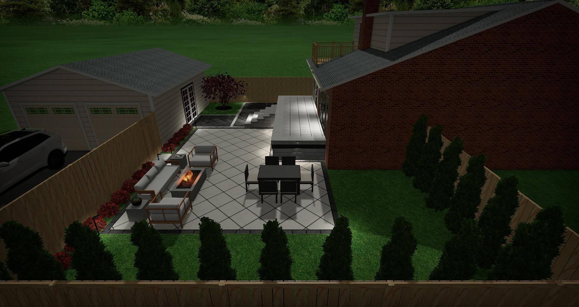 A nighttime 3D rendering of a modern backyard patio with lounge seating, a fire feature, dining area, and illuminated steps leading to a raised platform.