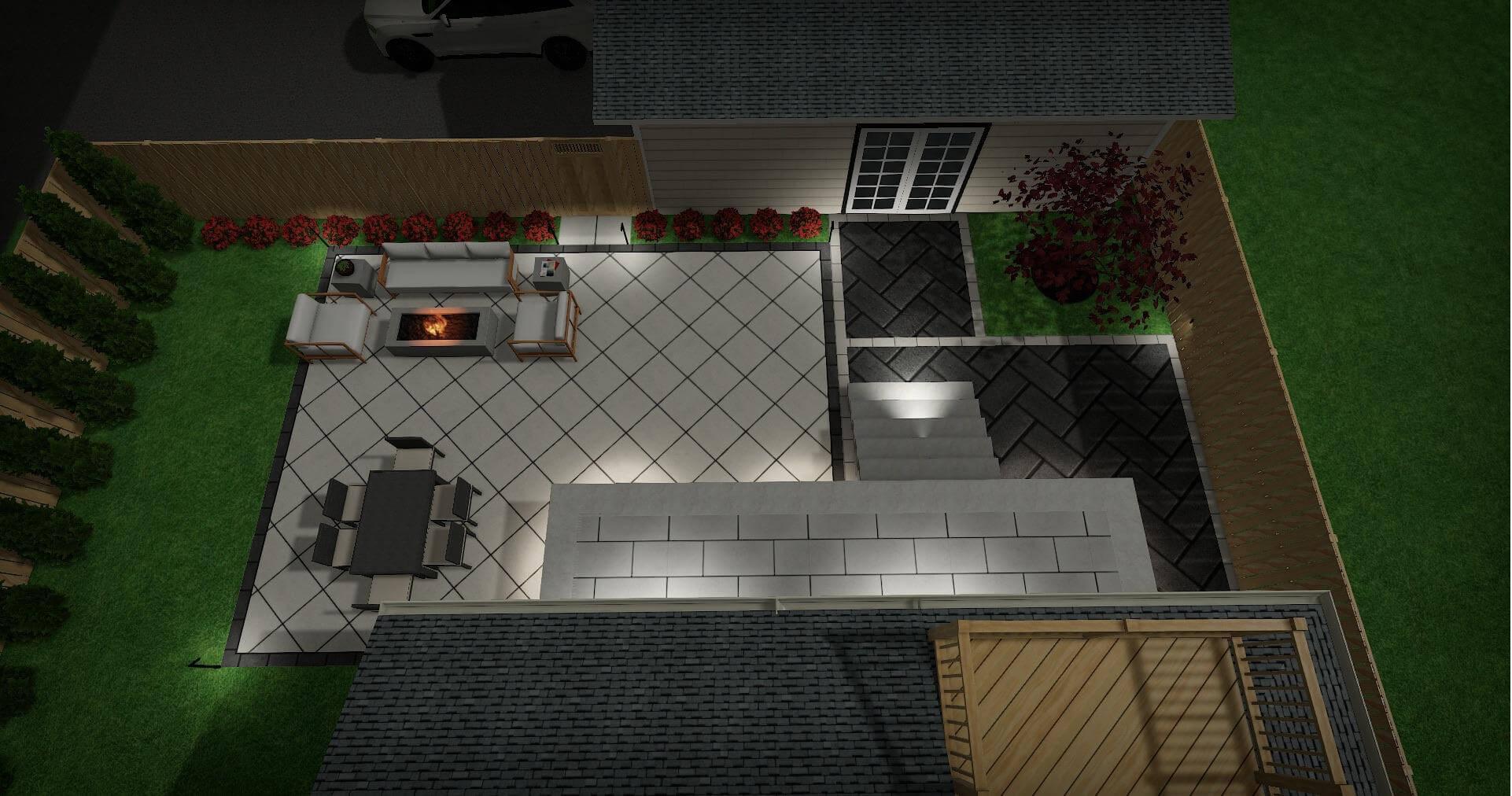 A nighttime 3D rendering of a modern patio with geometric pavers, outdoor dining set, lounge seating around a fire feature, and accent lighting.