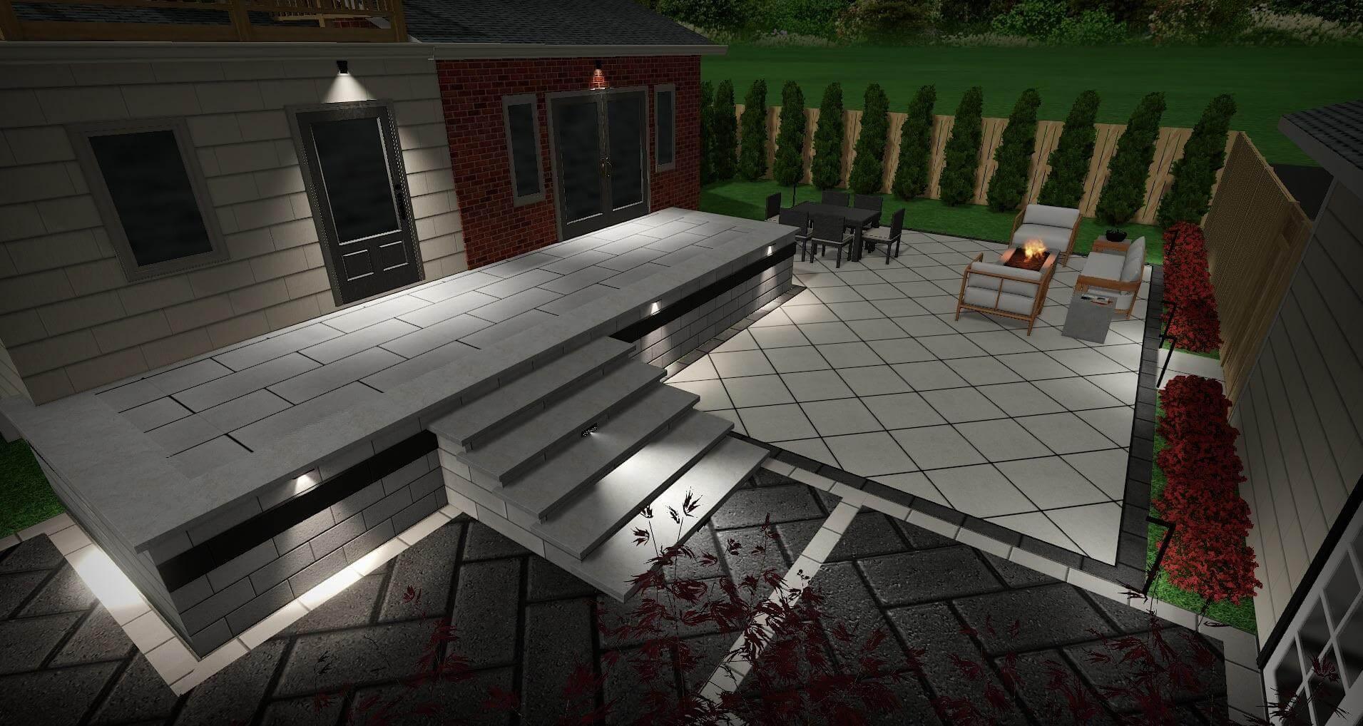 A nighttime 3D rendering of a raised patio with illuminated steps, a dining area, and a lower patio with lounge seating and a fire feature.