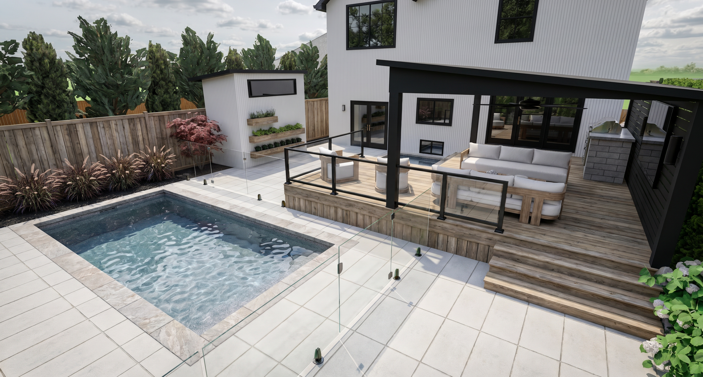 Modern backyard design with a pool, patio furniture, a cabana, an outdoor kitchen, bbq, a deck, and a landscaped garden. Features a custom modern house, paved area, a shed, and privacy fencing.